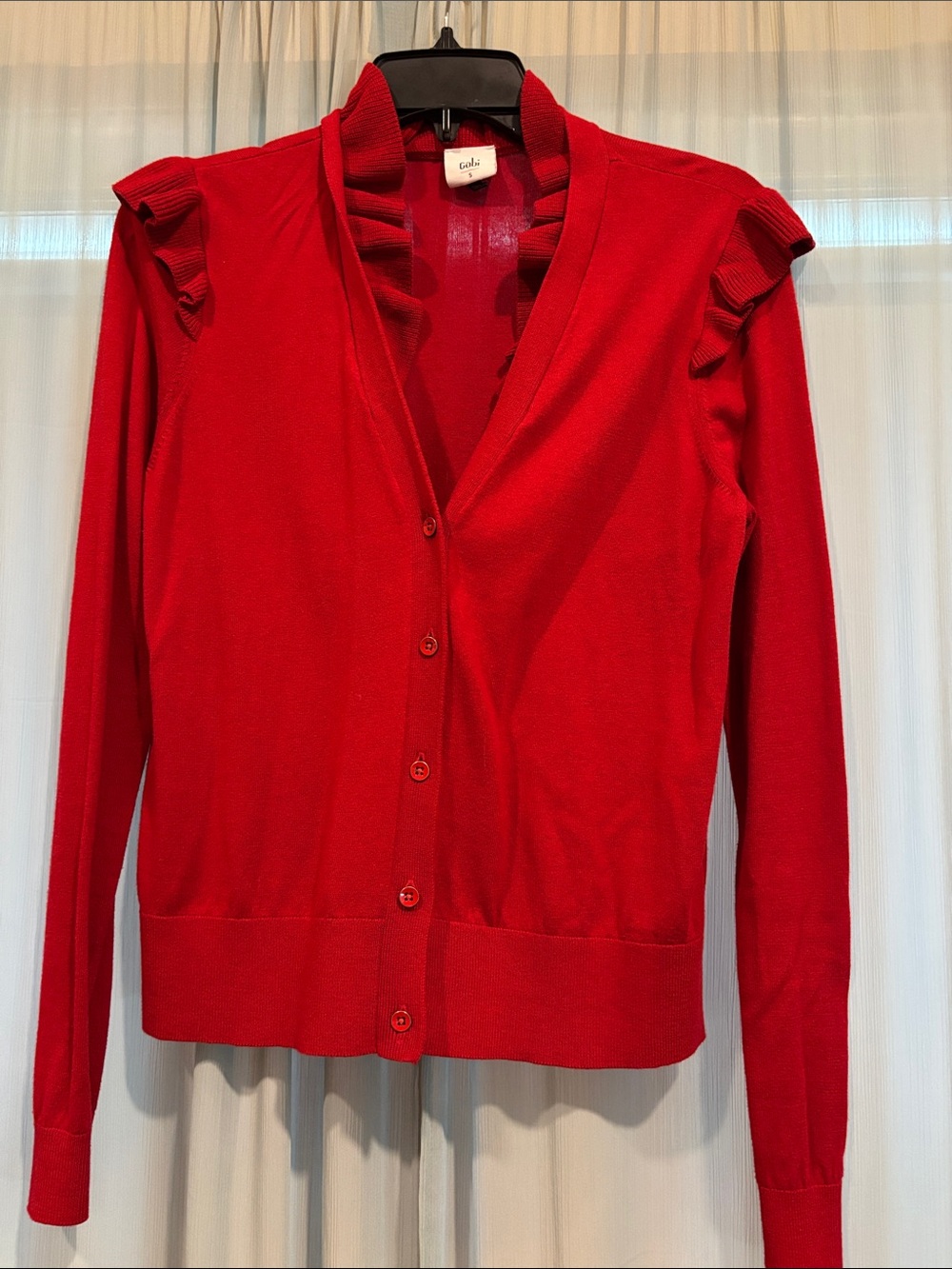 CAbi Red Ruffle-Shoulder Cavalier Cardigan #4284
